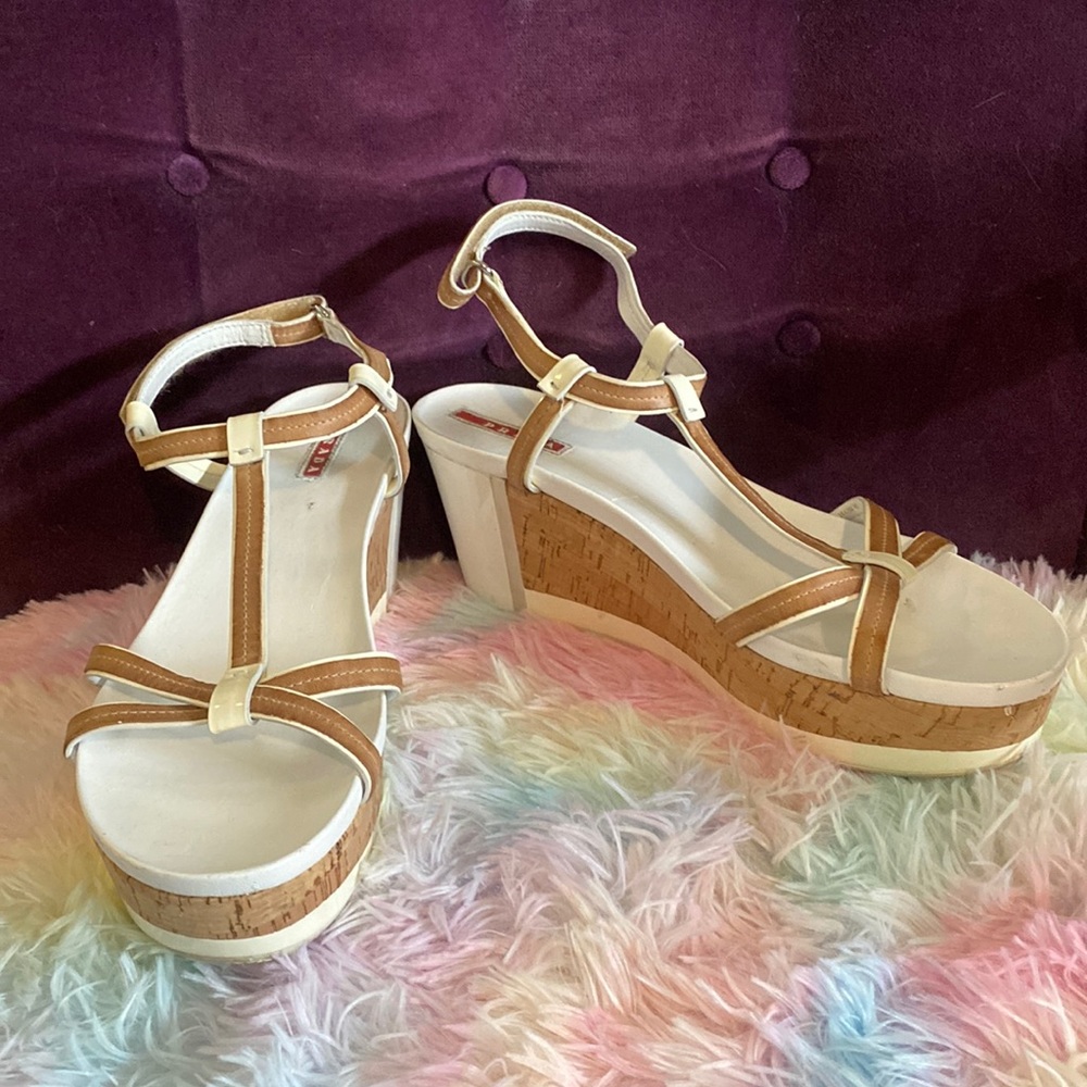 White Prada Sport Wedges with Cork Heel